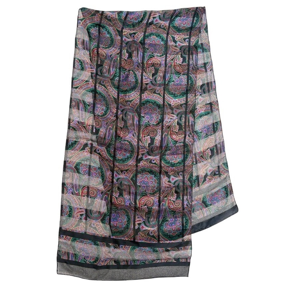 Vintage Silk Scarf Vibrant Paisley Black Purple Sheer Striped 80s 90s Heritage